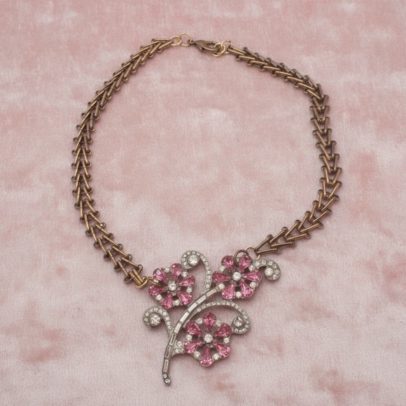 Vintage Pink Rhinestone Flower Necklace, Art Deco Floral Statement Jewelry - Picture 1 of 16